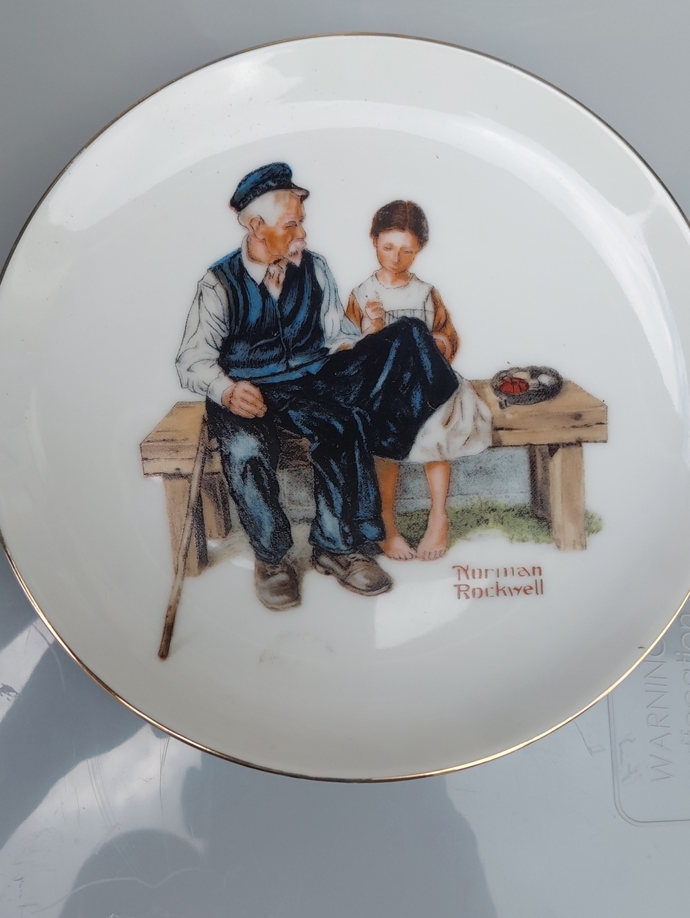 Norman Rockwell Plate - White with Blue, Brown, Tan Illustration